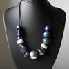 Long big bead statement necklace blue grey silver vintage recycled