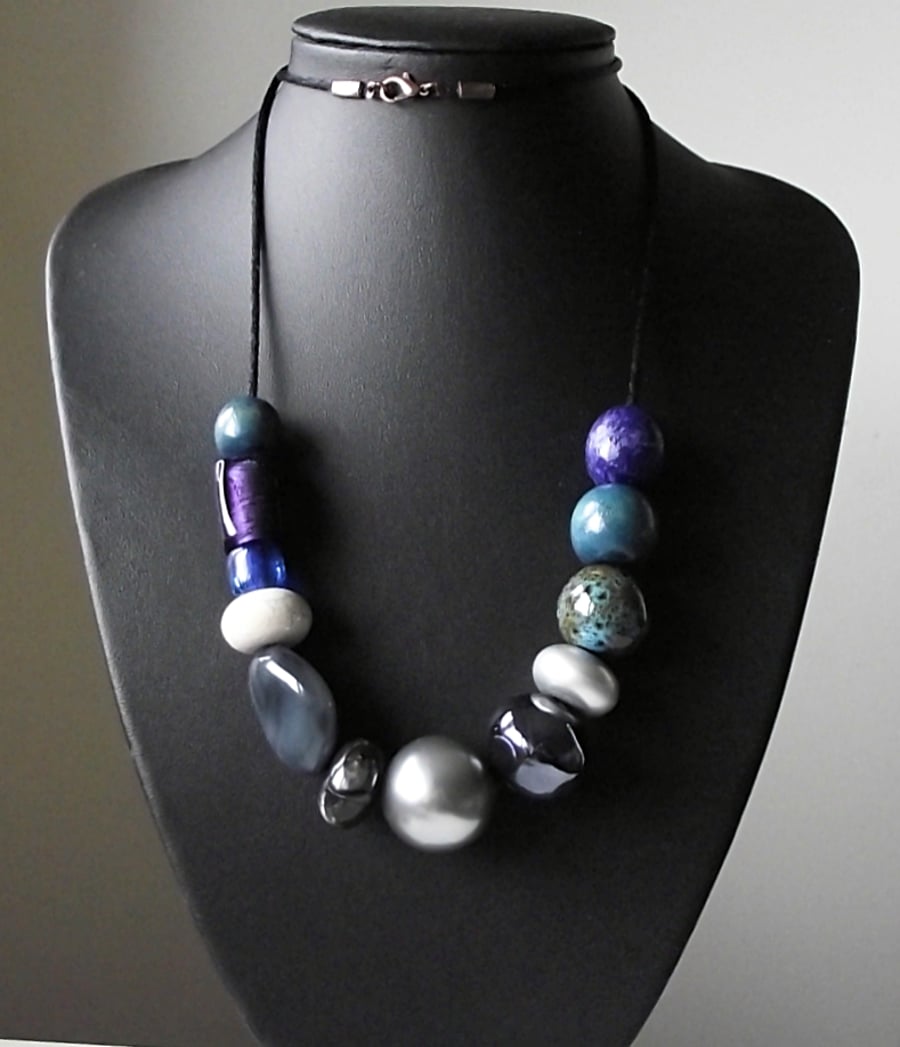 Long big bead statement necklace blue grey silver vintage recycled