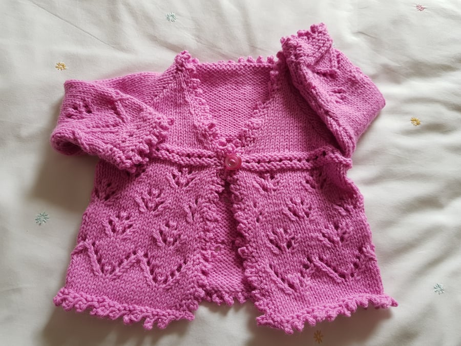 Hand Knitted Pink Baby Cardigan 16"