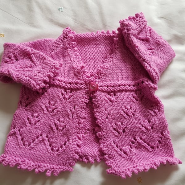 Hand Knitted Pink Baby Cardigan 16"