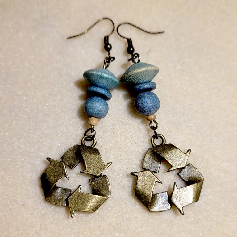 Quirky Upcycled Earrings, Vintage Wood Beads, Antique Bronze Recycle Symbol