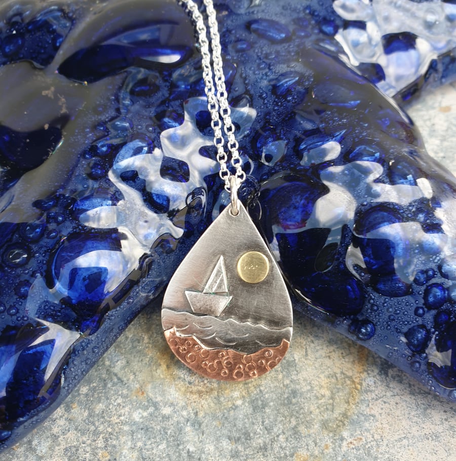 Teardrop silver beach, sea pendant, with sailing boat 