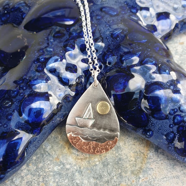 Teardrop silver beach, sea pendant, with sailing boat 