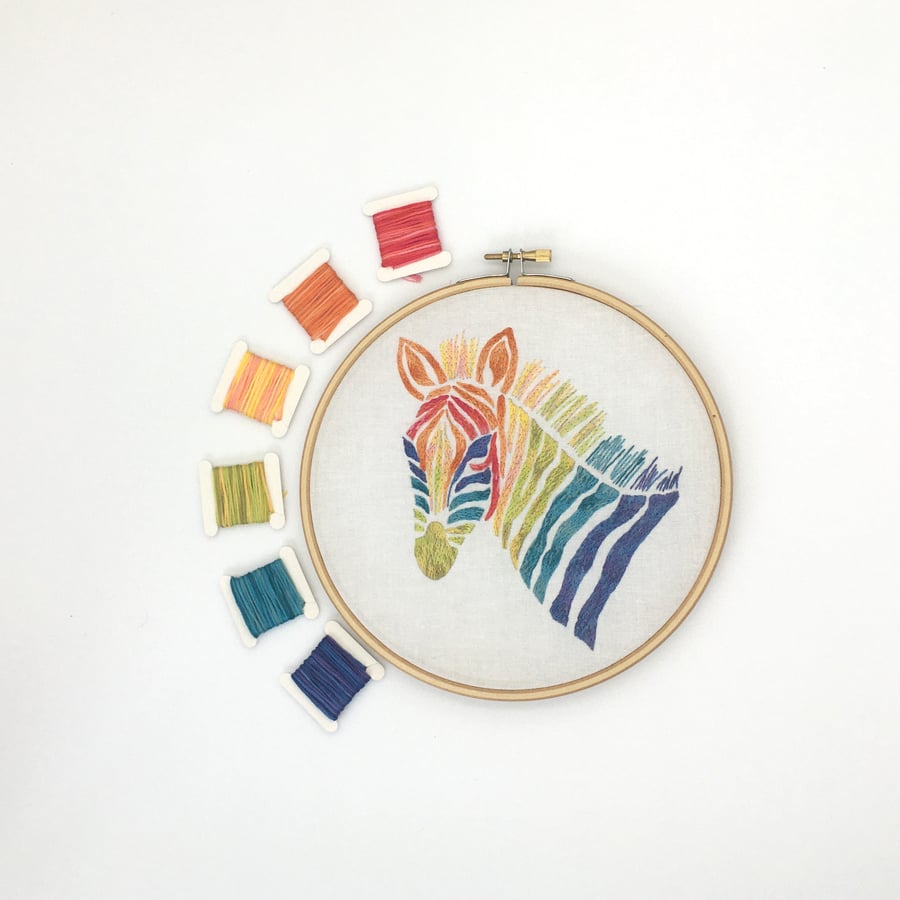 Rainbow Zebra Embroidery Kit -Rainbow Embroidery Kit, Hand Embroidery