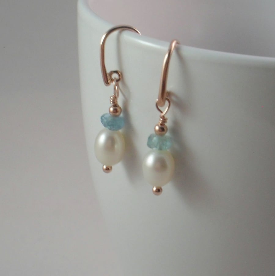 Freshwater Cultured Pearls With Aquamarine Semi Precious Gemstone Earrings