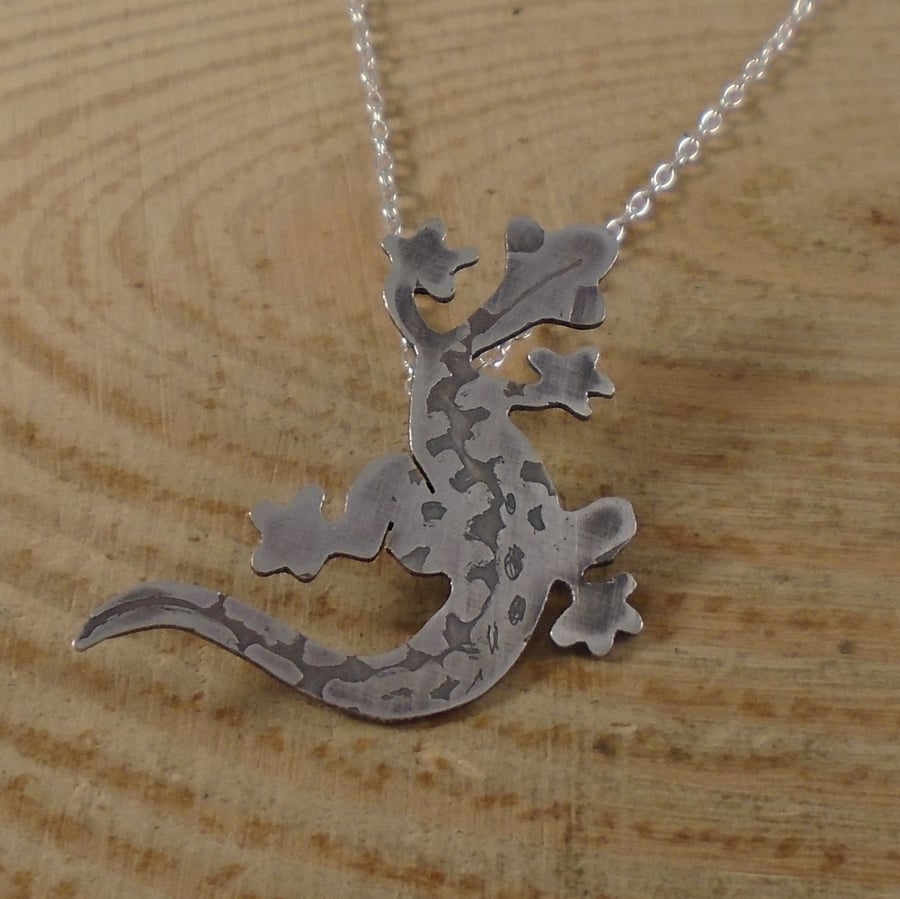 Sterling Silver Etched Lizard Necklace