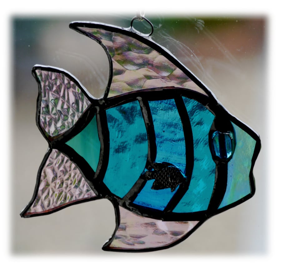 Tropical Fish Suncatcher Stained Glass Handmade Turquoise 016