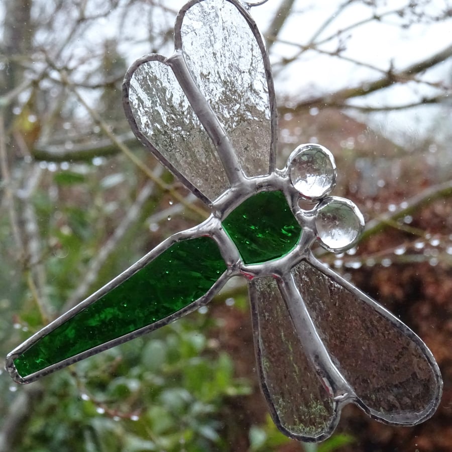 Stained Glass Small Dragonfly Suncatcher - Handmade Hanging Decoration - Green 