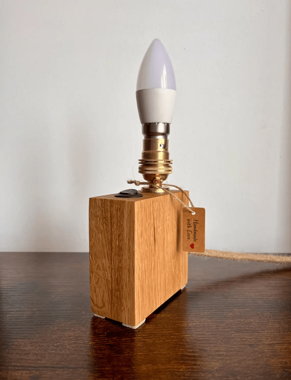 Slim Oak Table Lamp - Handmade Narrow Wooden Bedside Light UK