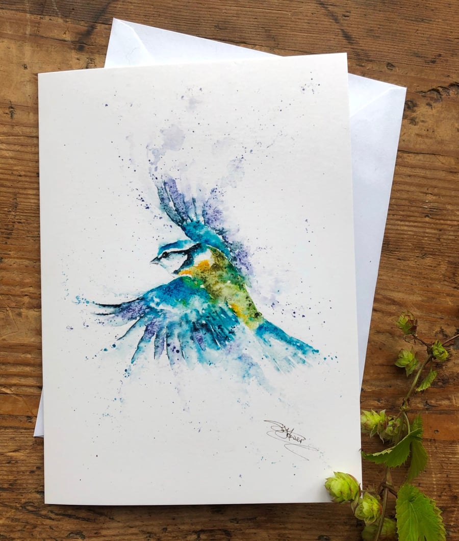 Bluetit Card, A5 blank greeting card with a watercolour bluetit design