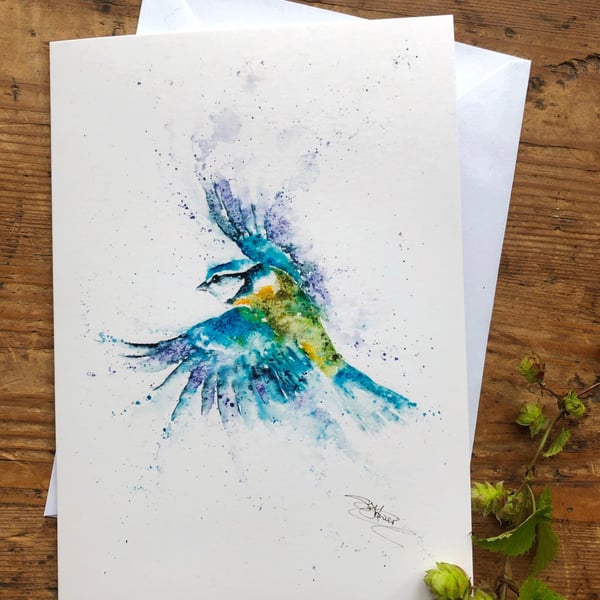 Bluetit Card, Garden Bird Greetings Card, Note Card, Wildlife Art Card, Blank Bi