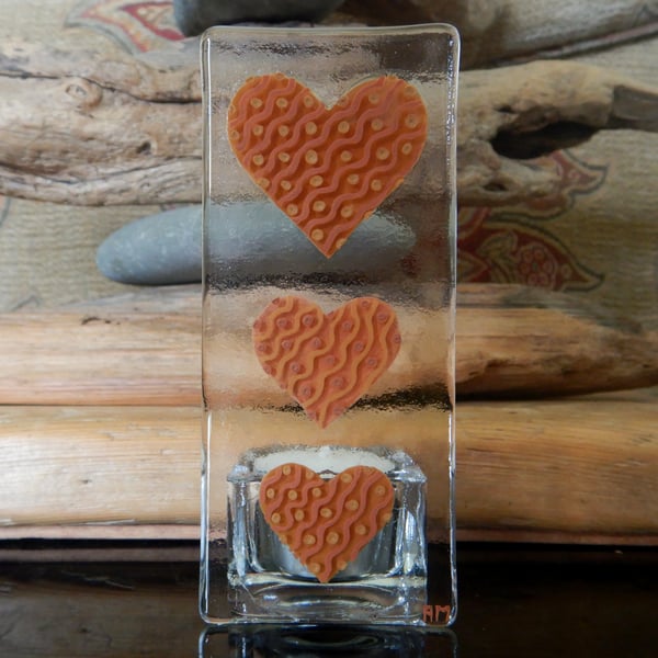 Handmade Fused Glass 'Hearts' T Light Holder