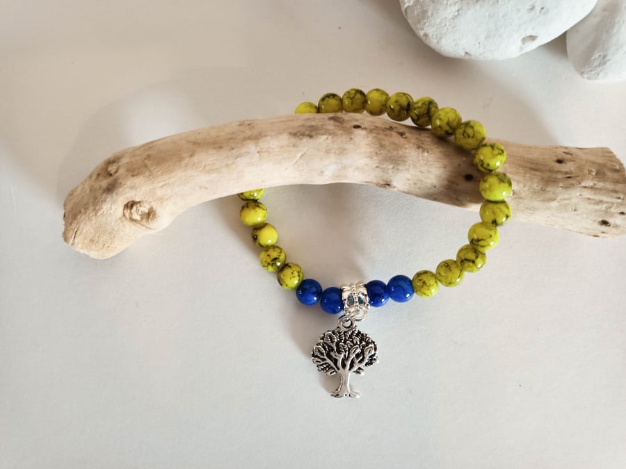 Yellow and Blue Stretch Bracelet with Silver Tree Charm