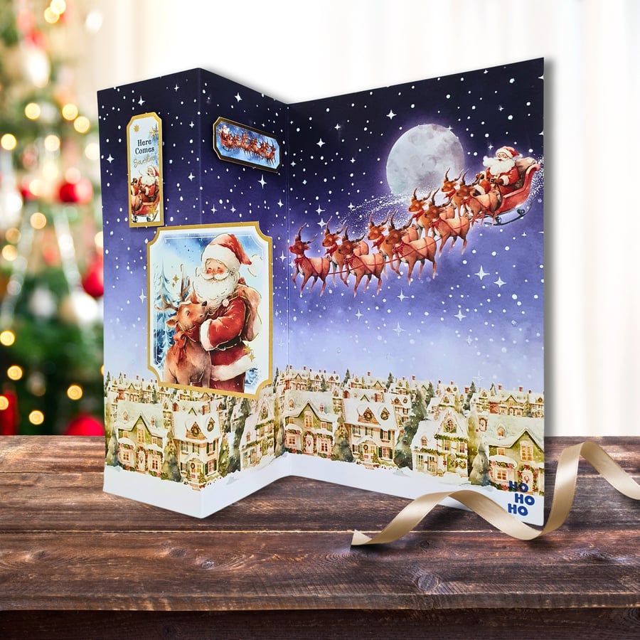 Fun Fold Christmas Card Featuring Father Christmas & His Reindeer Sleigh