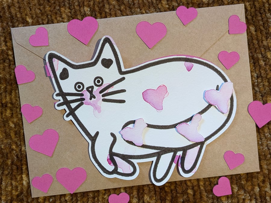 Cat card hand painted watercolour shaped greeting card love hearts 4