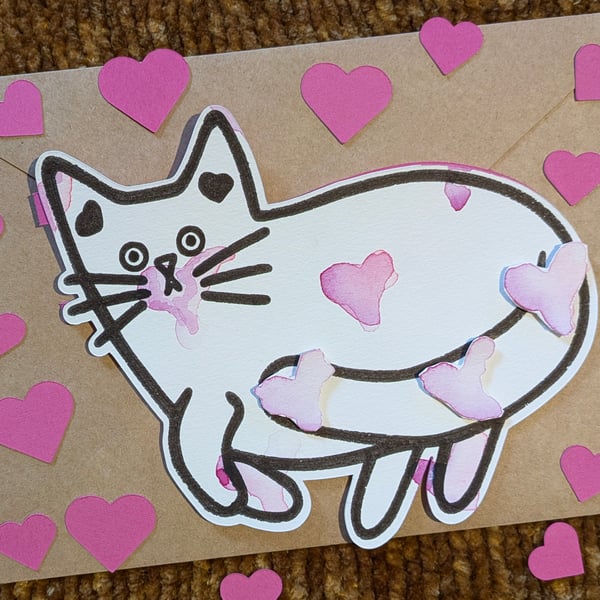 Cat card hand painted watercolour shaped greeting card love hearts 4