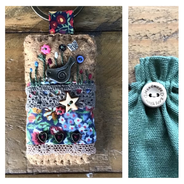 Liberty fabric felt lace charm keyring fob