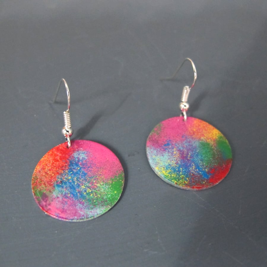Aluminium & Enamel Colourful Multi-Colour Ranbow Circle Drop Earrings