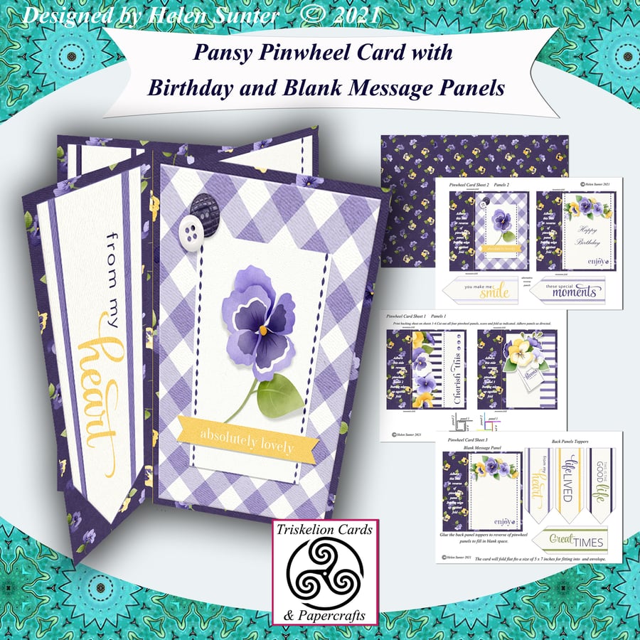 Printable Pansy Pinwheel Card with Birthday & Blank Message Panels 