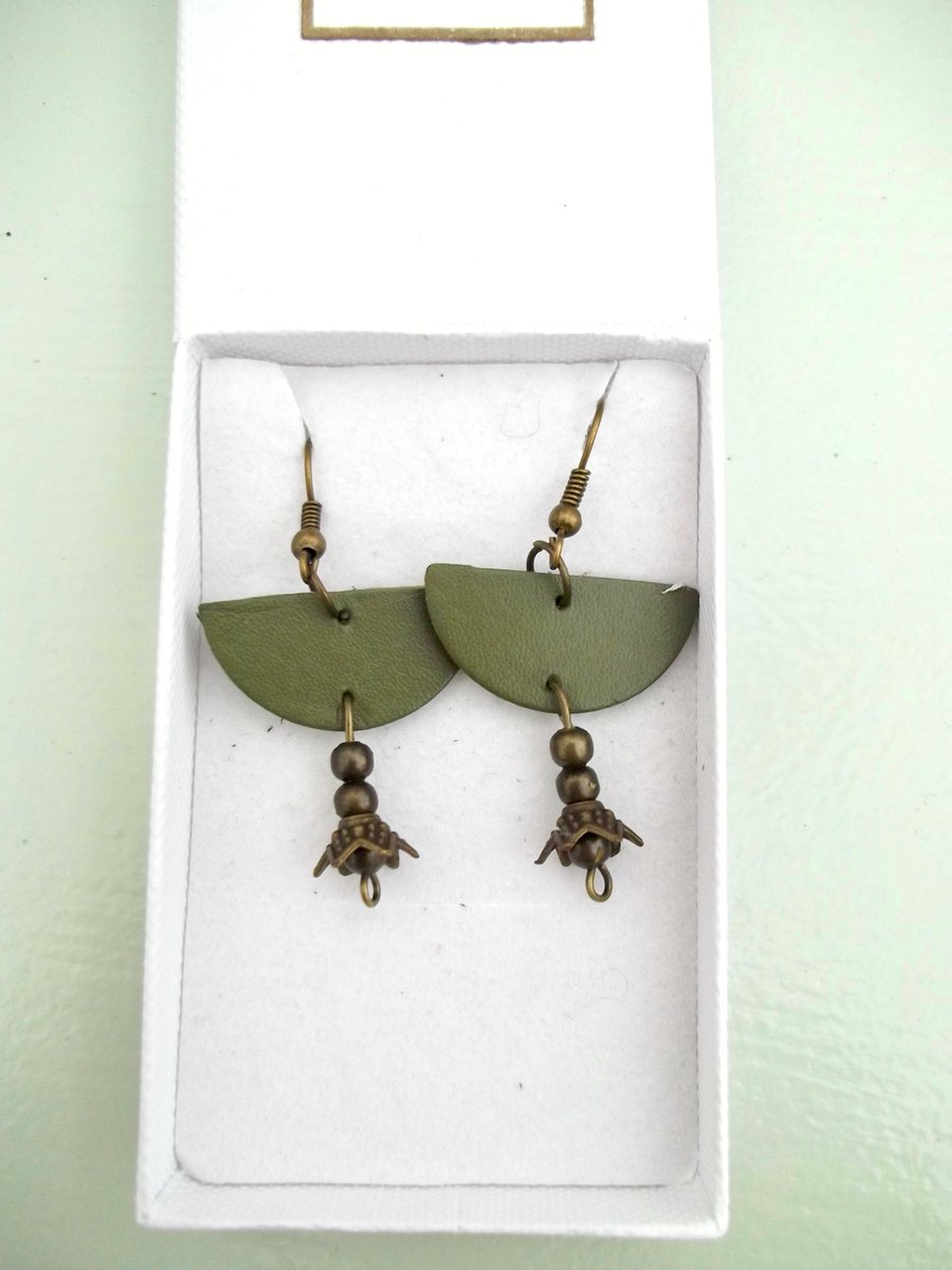 Leather Earrings Khaki Green Leather and Metal Bead Boho Style Half Moon 