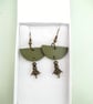 Leather Earrings Khaki Green Leather and Metal Bead Boho Style Half Moon  - Image 1