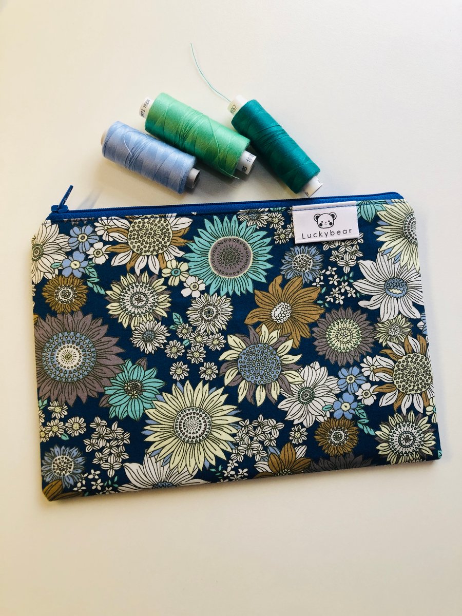 Boho floral blue zip pouch, floral makeup bag, medium pouch