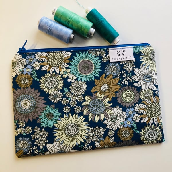 Boho floral blue zip pouch, floral makeup bag, medium pouch