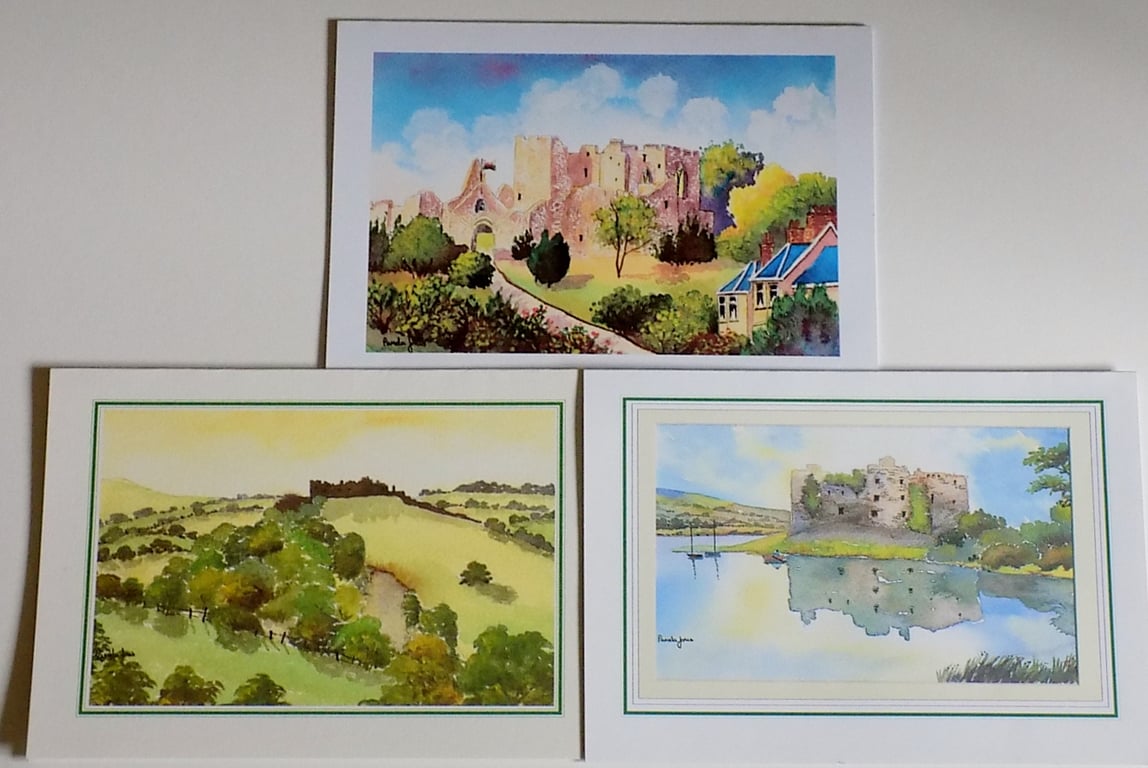 Art greetings cards, set of 3, Oystermouth Castle,  Carreg Cennen,  Carew Castle