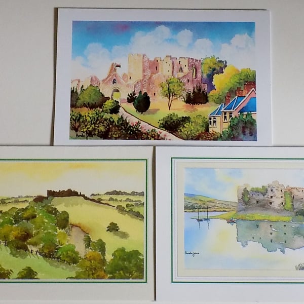 Art greetings cards, set of 3, Oystermouth Castle,  Carreg Cennen,  Carew Castle