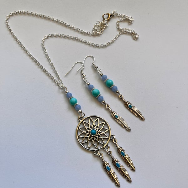 Dreamcatcher Pendant chain necklace set feather charm earrings bohemian style