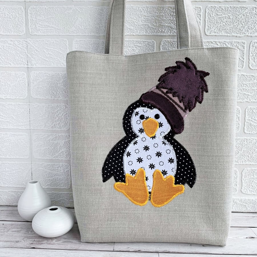 Penguin Tote Bag with Penguin in a Bobble Hat