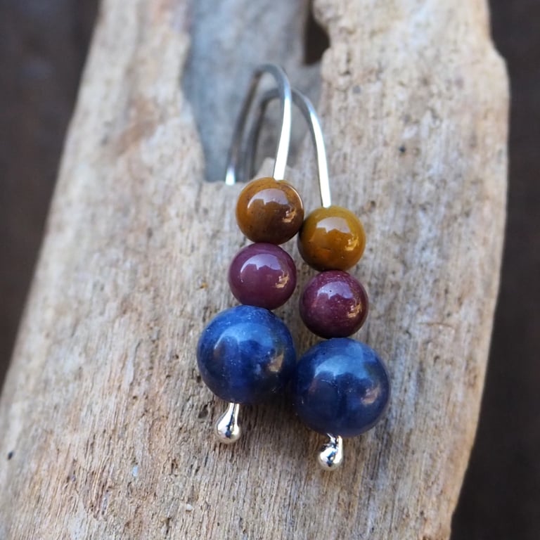 Blue Sodalite and Jasper Bead Drop Earrings, Argentium Silver Earrings