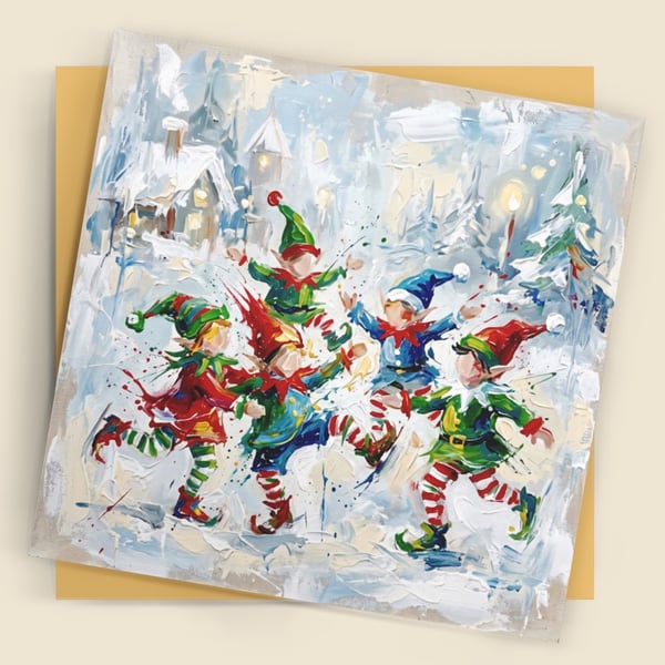 Dancing Elves – Premium Festive Greeting Card
