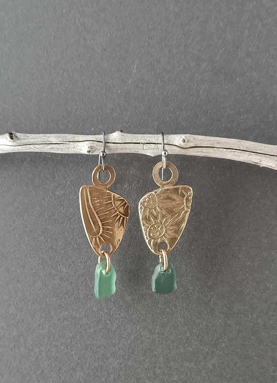 Bronze and seaglass earrings, colour options, unique earrings, recycled material