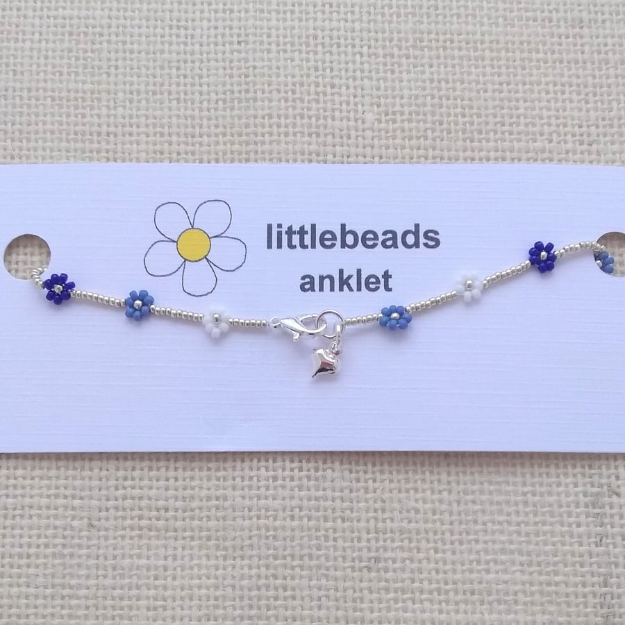 Navy, Blue, White and Silver Daisy Seed Beaded Anklet