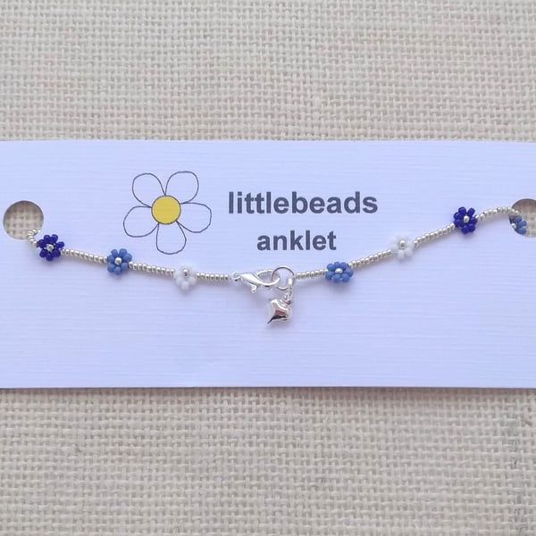 Navy, Blue, White and Silver Daisy Seed Beaded Anklet