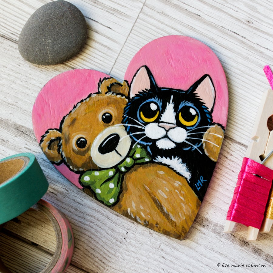 Tuxedo Cat and Teddy - Hand Painted Heart Shaped Magnet