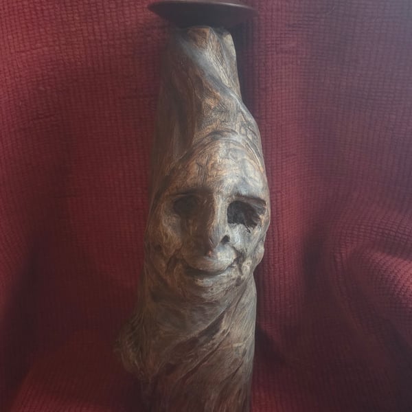 Hand Carved Wood Spirit Candlestick Holder