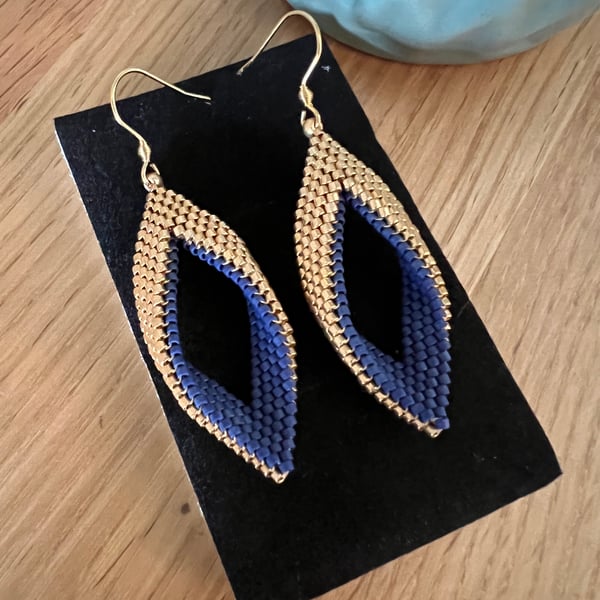 Peyote Drop Earrings - Gold Navy