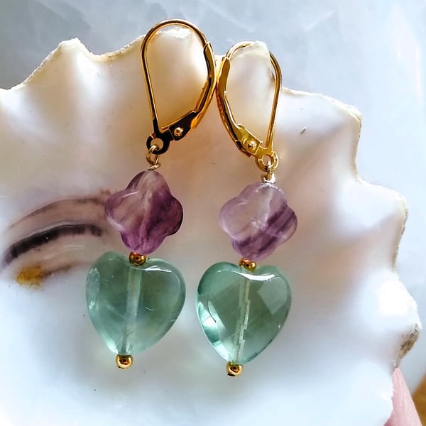 Fluorite Gemstone Heart Gold 925 Silver Leverback Earrings - Slight Seconds