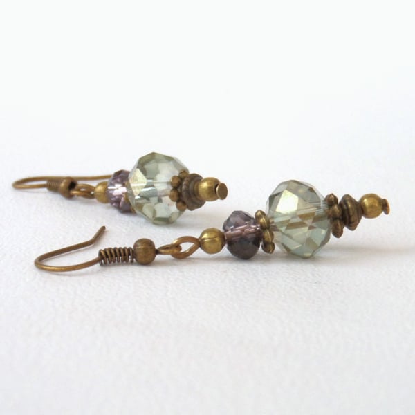 Olive green and amethyst crystal bronze earrings, vintage style