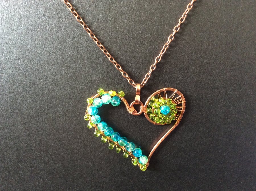  Turquoise and Peridot Beaded Heart Necklace
