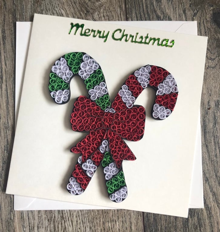 Stunning handmade quilled Candy Cane Christmas card