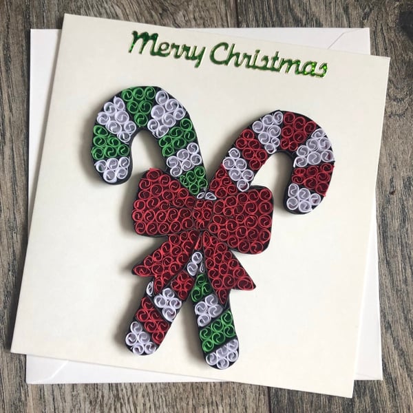 Stunning handmade quilled Candy Cane Christmas card