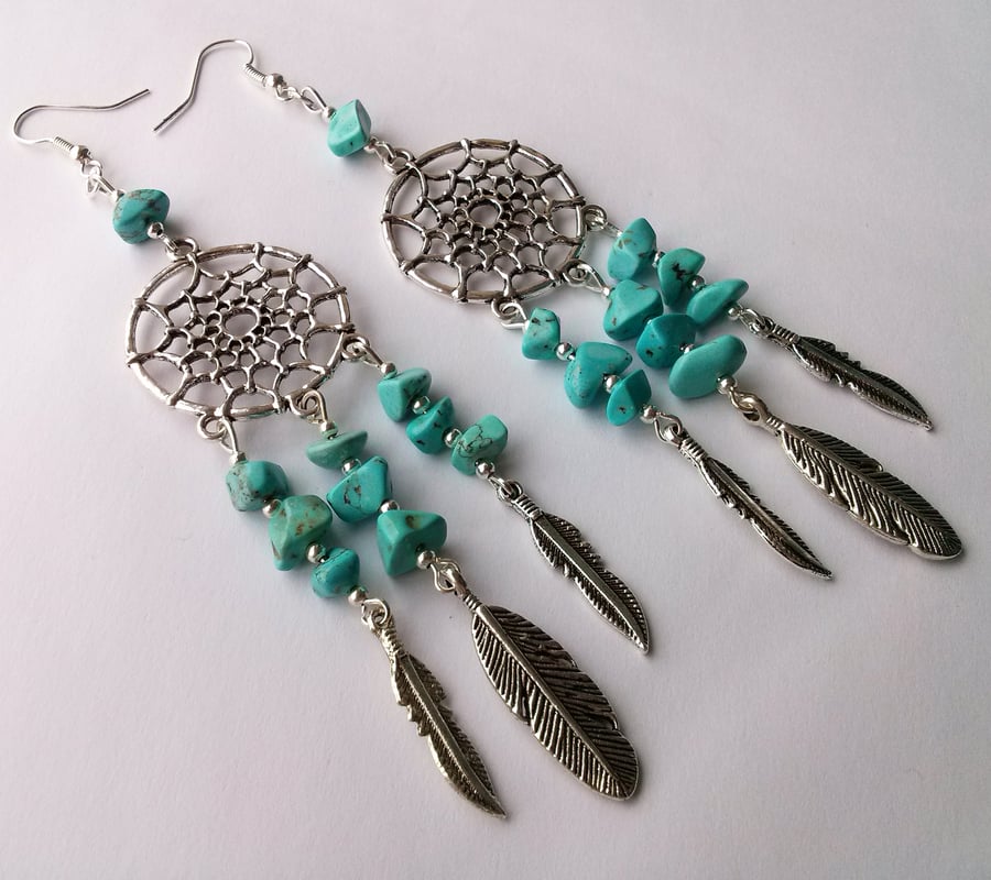 Turquoise Howlite Agate Dreamcatcher Statement Earrings Silver Plate