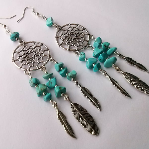 Turquoise Howlite Agate Dreamcatcher Statement Earrings Silver Plate