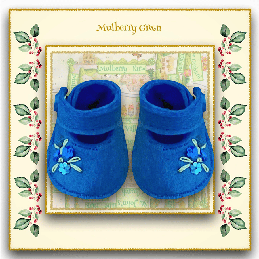 Embroidered Cornflower Blue Doll’s Shoes
