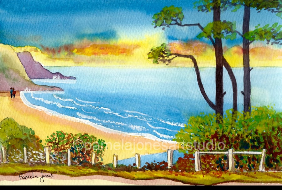 Morning Light, Caswell Bay, Gower, Original Watercolour in 14 x 11 '' mount