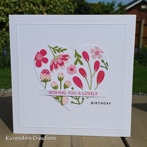 Birthday card female pink flowers and heart
