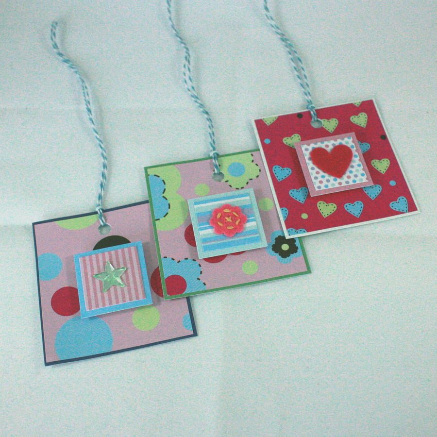 Set of 3 handmade bright gift tags